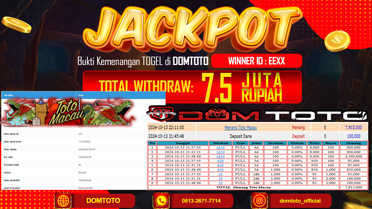 JACKPOT TOGEL TOTO MACAU 13 OKTOBER 2024